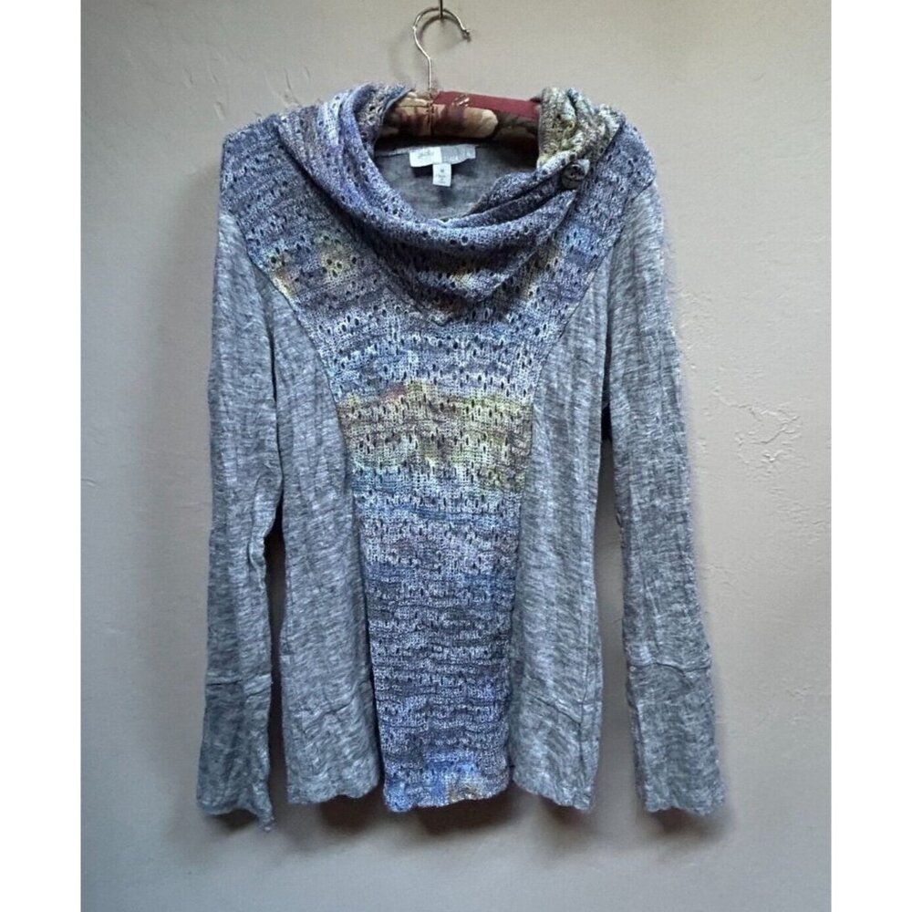 Gabby Isabella Womens Medium Cowl Button Neck Long Sleeve Sweater Gray Crochet